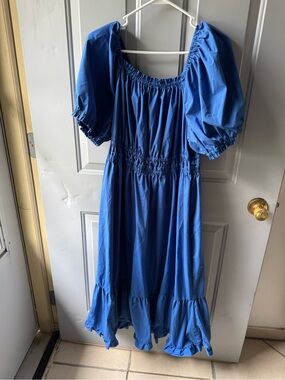 Women’s Blue Puff-Sleeve Midi Dress with Smocked Waist